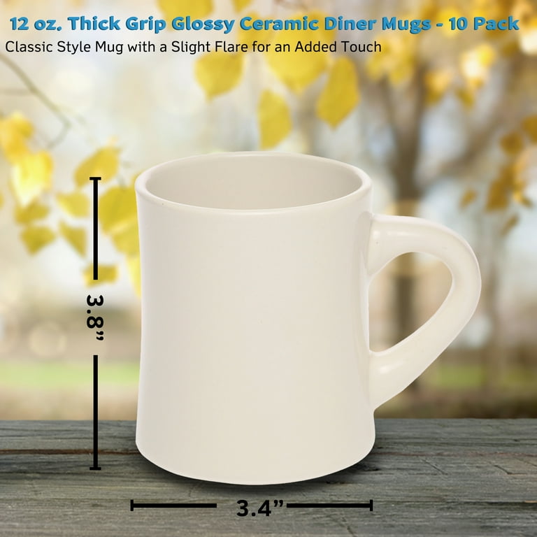 10 Thick Grip Glossy Ceramic Diner Mugs Set, 12 oz. - Stoneware, Smooth,  Easy Grip - Ivory