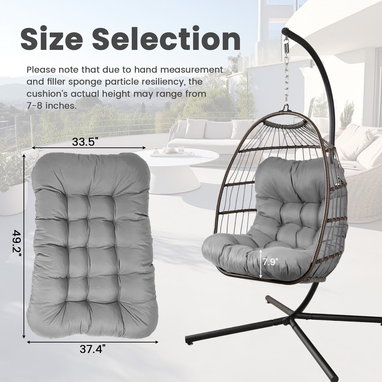 Egg Chair Cushion Replacement, Waterproof Hanging Basket Seat Cushion, U-Shape Swing Chair Cuhsion 37x49 Inches for Indoor Outdoor Patio Porch Furniture (Only Cushion)