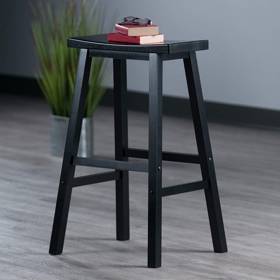 29-Inch Saddle Seat Bar Stool, Solid Wood Counter Height Stool, Contoured Comfortable Seat, Sturdy Square Legs, Black Finish, 220 lb Weight Capacity, Easy Assembly