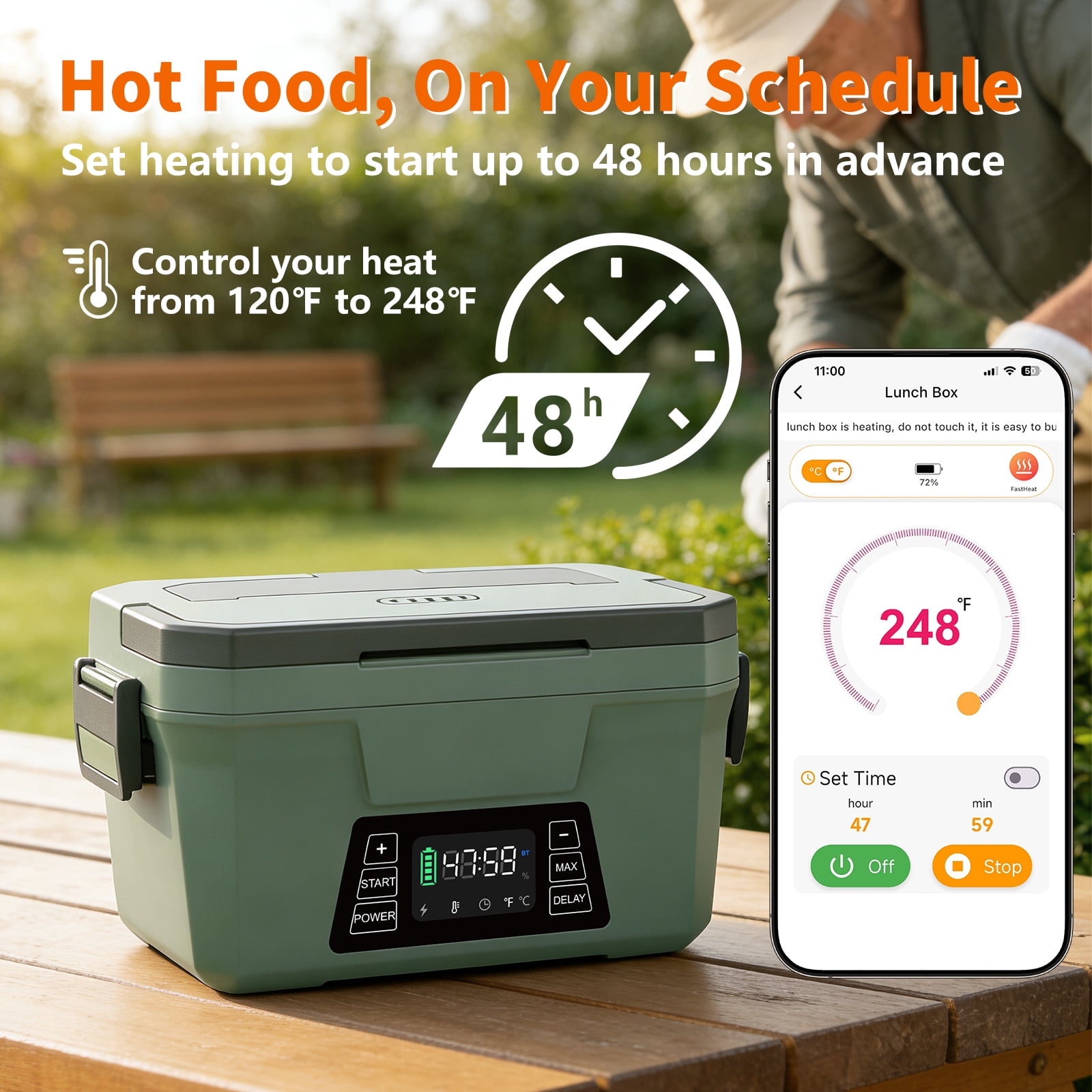 Vingud 80W Cordless Electric Lunch Box for Adults, APP Control Heated Lunch Box Food Warmer 9000mAh Rechargeable Self Heating Lunchbox for Office&Outdoor, Christmas White Elephant Gifts