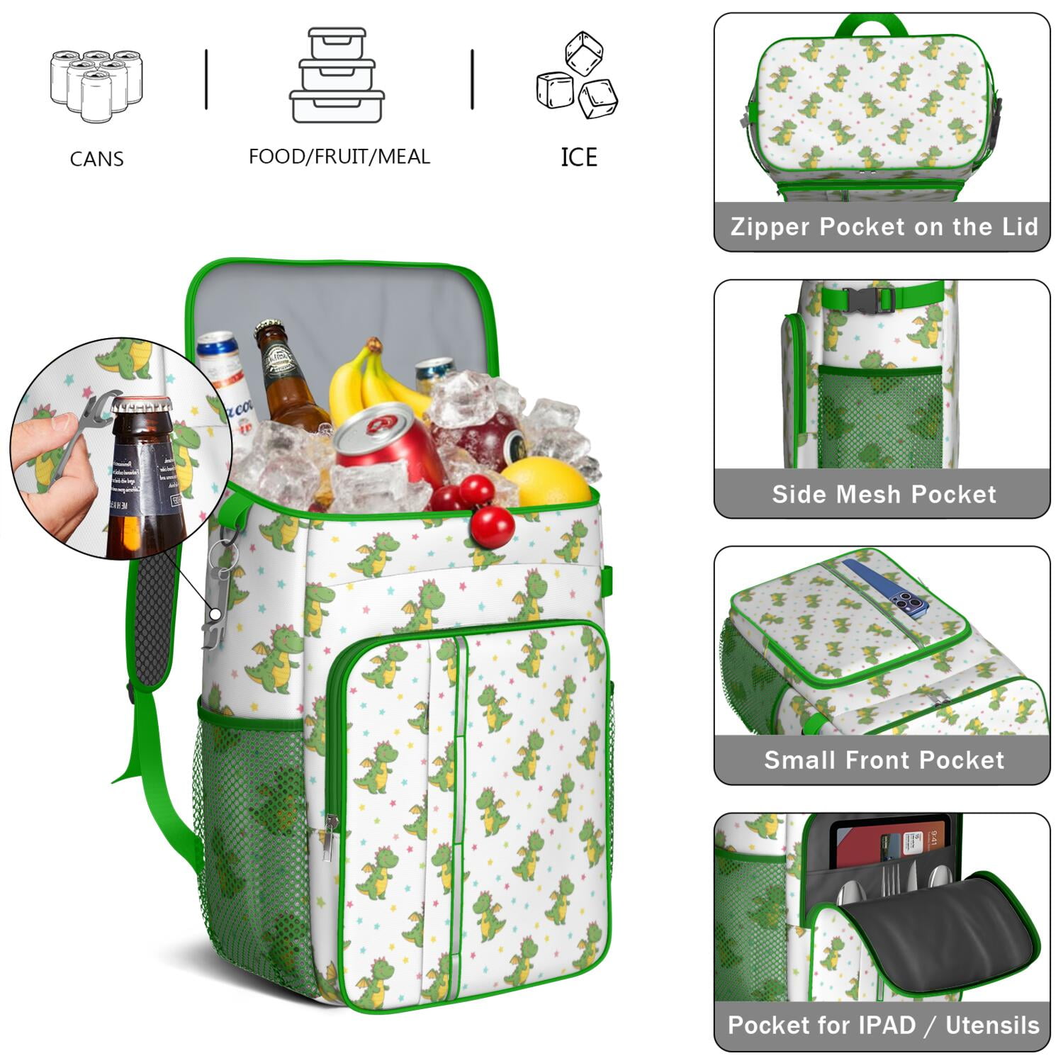 Travel Cooler Bag - Cute Dragon Pattern with Stars Camping Beer Cooler Backpack with Bottle Opener- Waterproof Insulated Picnic Backpacks - Cooler Bag for Beach