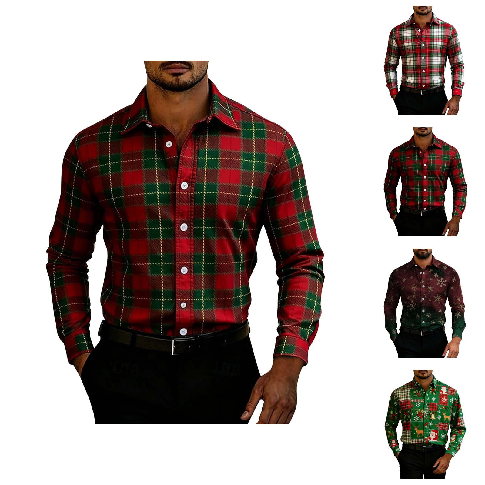 Christmas Shirts for Men Long Sleeve Casual Collared Button Down Xmas Plaid Shirt Holiday Party Shirts