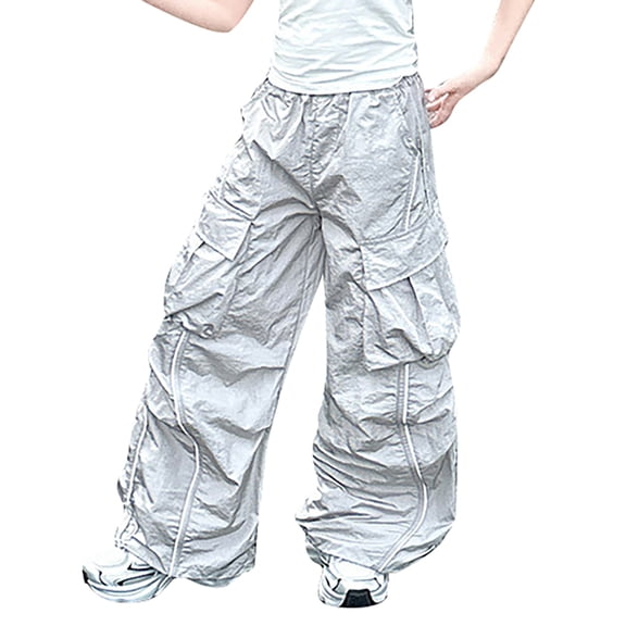 Otqutp Girl's Baggy Cargo Pants Elastic Waist Straight Leg Parachute Pants Preppy Loose Fit Athletic Sweatpants Kids Cute Clothes