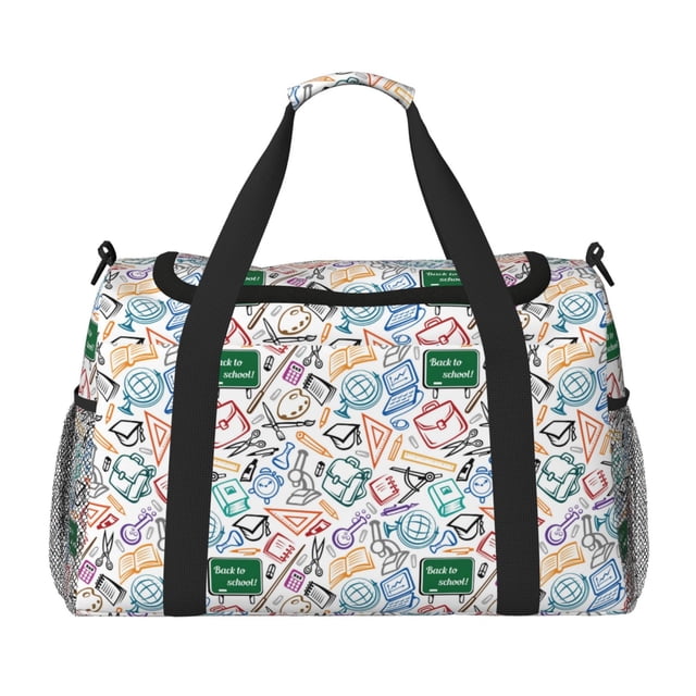 Xecao Back To School Pattern Lightweight Crossbody Weekender Bag Mesh Side Pockets Padded Handles Sports Outdoor Gear Organizer