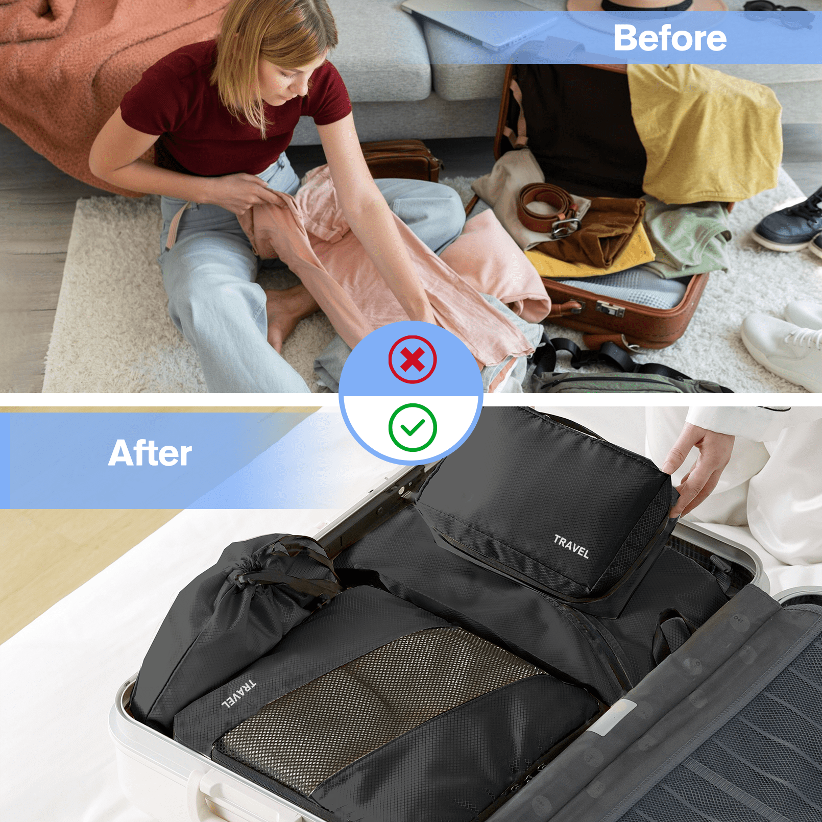 Lugackme 6 Set Compression Packing Cubes Lightweight Vacation Travel Essentials Durable Expandable Travel Packing Organizer Accessories Luggage Suitcase Backpack Black