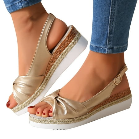 

Xfvqtps Sandals for Womens Wedge Heel Slingback Open Peep Toe Bow Leather Surface Rope Sole Adjustable Buckle Linen Breathable Non Slip Beach Summer Casual Shoes Gold