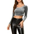 thumbnail image 5 of INSPIRE CHIC Women's Velvet Long Sleeve Off Shoulder Solid Crop Tops XS Grey, 5 of 8