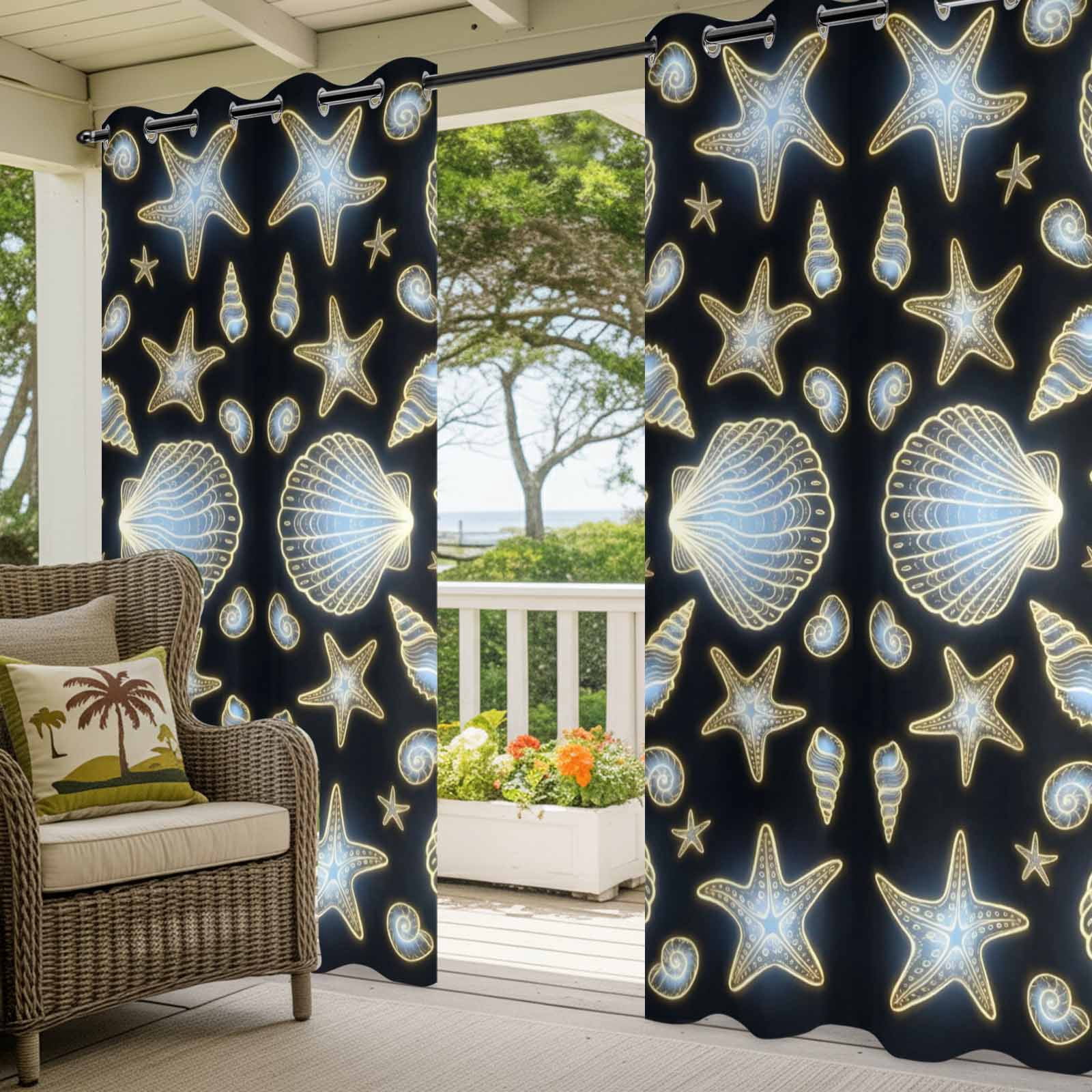 Blue Neon Coastal Outdoor Curtains for Patio, Seashell Starfish Summer Ocean Sunshade Privacy Drapes Grommet Waterproof Outside Curtains for Porch/Cabana/Balcony 54"x 108", 1 Panel