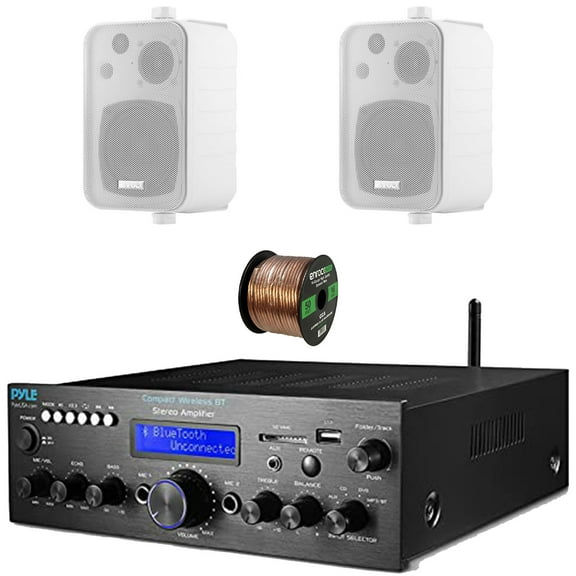 Pyle PDA612BU.5 Digital LCD Display AUX/MP3/USB/SD Bluetooth FM Radio Compact Home Audio Stereo Amplifier Receiver, 2x 4" 30W Max Power 3-Way Indoor/Outdoor Speakers, 50 Feet 16 Gauge Speaker Wire