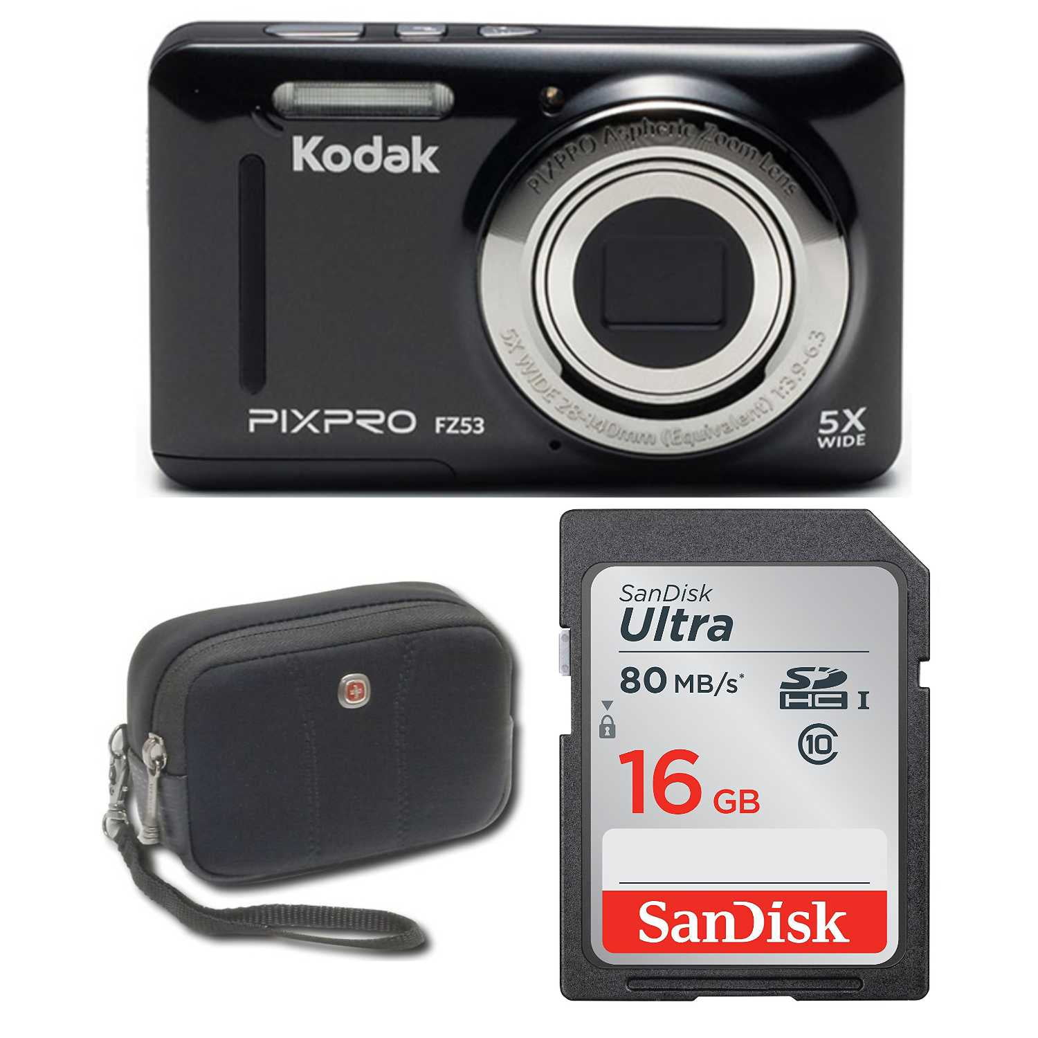 Kodak FZ53 Digital Camera (Black) with 16GB SD Card and Case Bundle