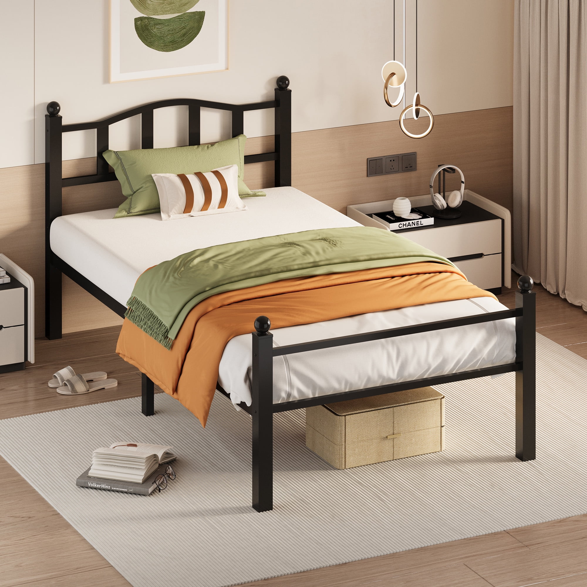 S.Tcak Metal Twin Size Bed Frame with Headboard, Heavy Duty, 12in Under Bed Storage, Easy Assembly, Black