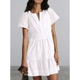 thumbnail image 4 of FOCUSNORM Robe Mini Femme Slim Pointelle Col en V Manches Courtes Taille Smockée Robe à Volants pour Plage Fête Club, 4 of 9