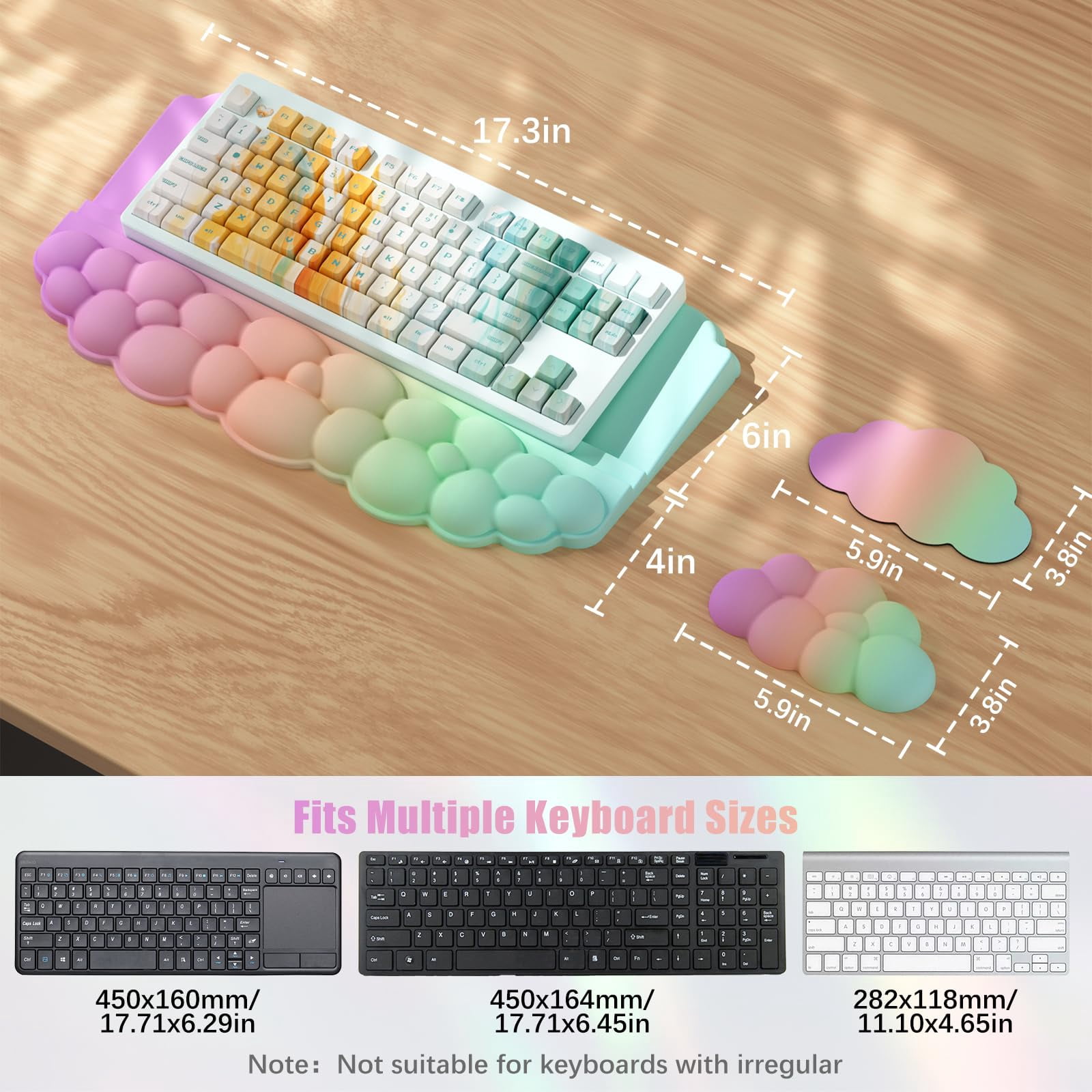 Wrist Rest For  Soft Memory Foam Cloud Stand Pad With Set Non-slip Silicone Base Easy Typing Comfort Computer Laptop - Rainbow