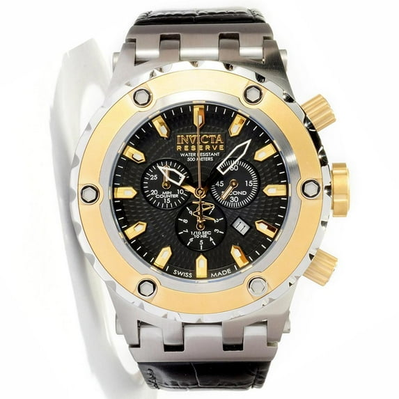 Invicta Men's 10077 Reserve Specialty Subaqua Black Textured Dial Gold Tone Bezel Leather Strap Chronograph Dive Watch