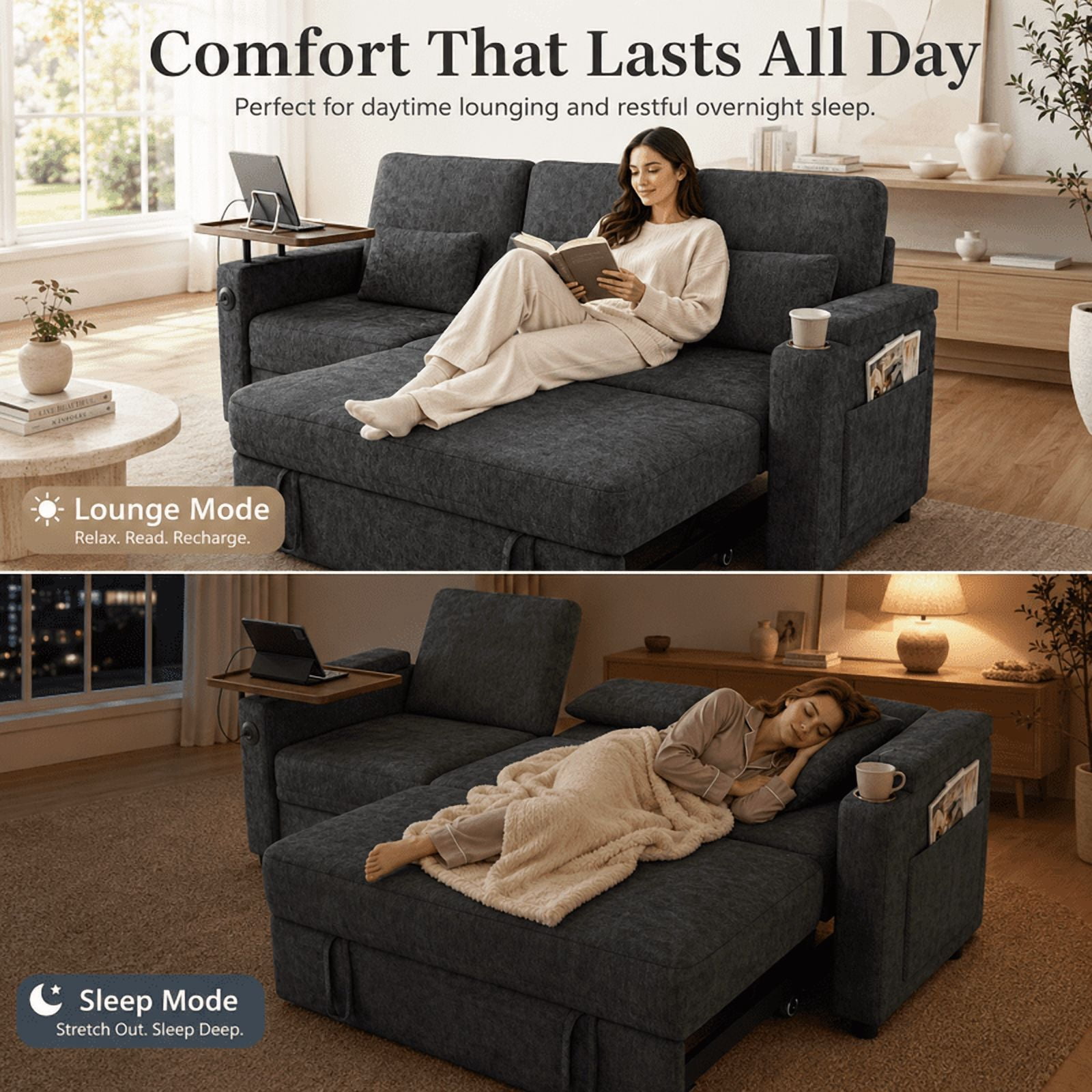 3-in-1 Convertible Sofa Bed, 3-Seater Chenille Couch with Adjustable Backrest, USB Charging Ports, Table Board and Storage Armrests, 81'' Foldable Sleeper Sofa for Living Room