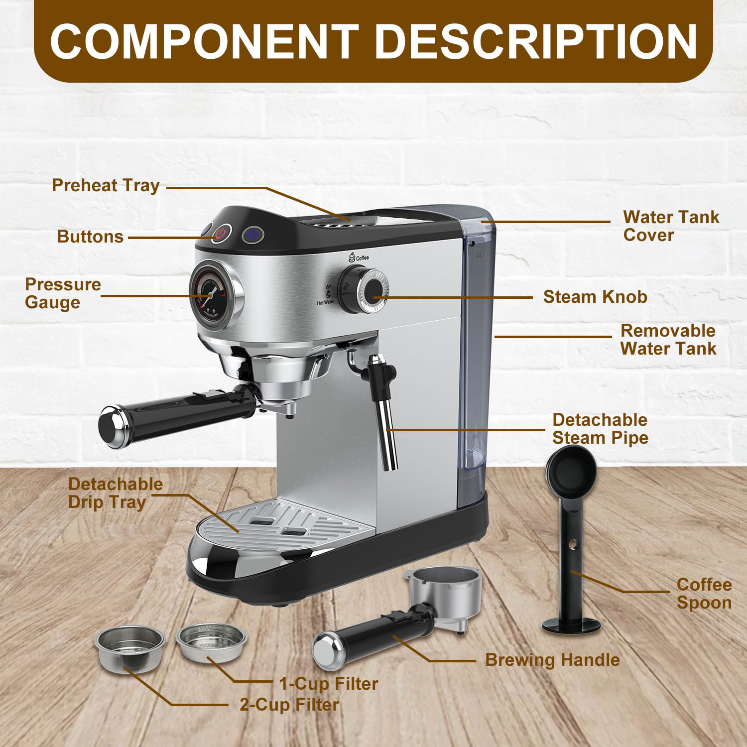 Cosikie Updated Espresso Machine, Coffee Machine with Steamer 15 Bar, Stainless Silver, 1 Ltr - Walmart.com