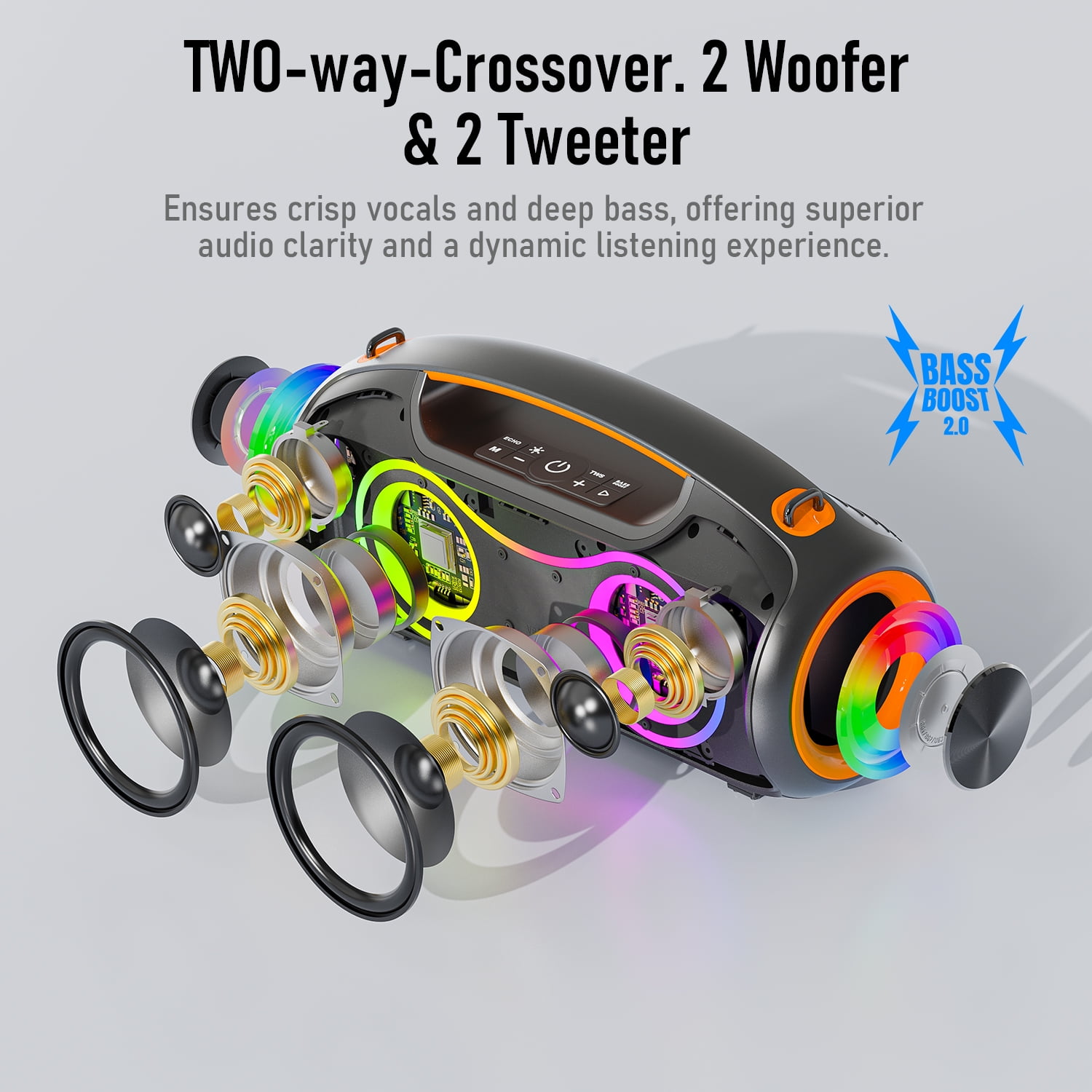 Portable Bluetooth Speaker with Bass Boost,IP65 Waterproof Outdoor Wireless Loud Speaker w/ Dynamic Light,180W Power and USB/AUX/TF Input for Party