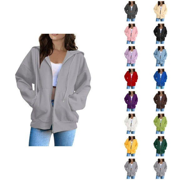 Kawaii Clothes Women's Solid Sweatshirt Women Fashion Solid Loose Hooded Zipper Hoodie Long Sleeve Jacket