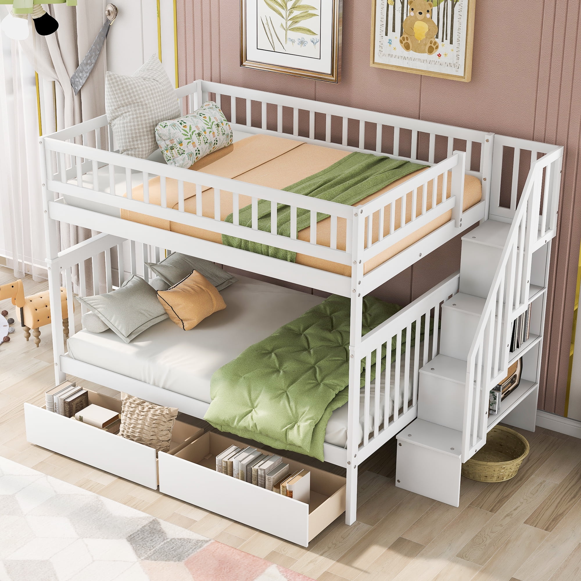 Euroco Full over Full Bunk Bed with Storage Shelves and 2 Under Storage Drawers for Kids Teens Room, White