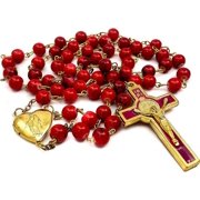NZRT Nazareth Store Red Coral Beads Rosary Necklace Catholic Saint Benedict Chaplet Heart Locket Medal & Cross Religious Amulet for Women and Men - Velvet Bag