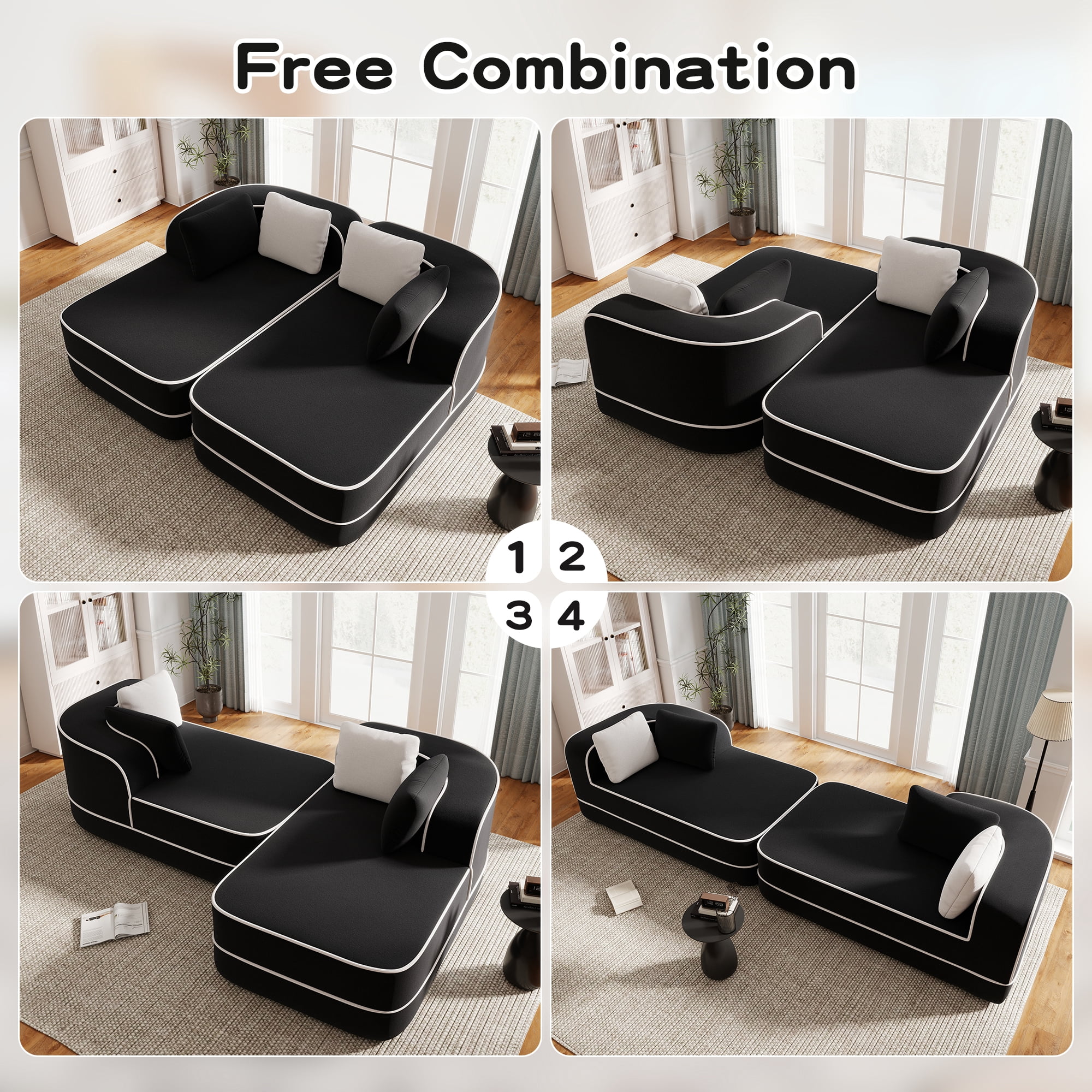 MAYEERTY 77.2" U-Shaped Teddy Fabric Boneless Sofa, Black 1200LBS Capacity 32D Foam No Assembly Couch with Double Chaises for Living Room
