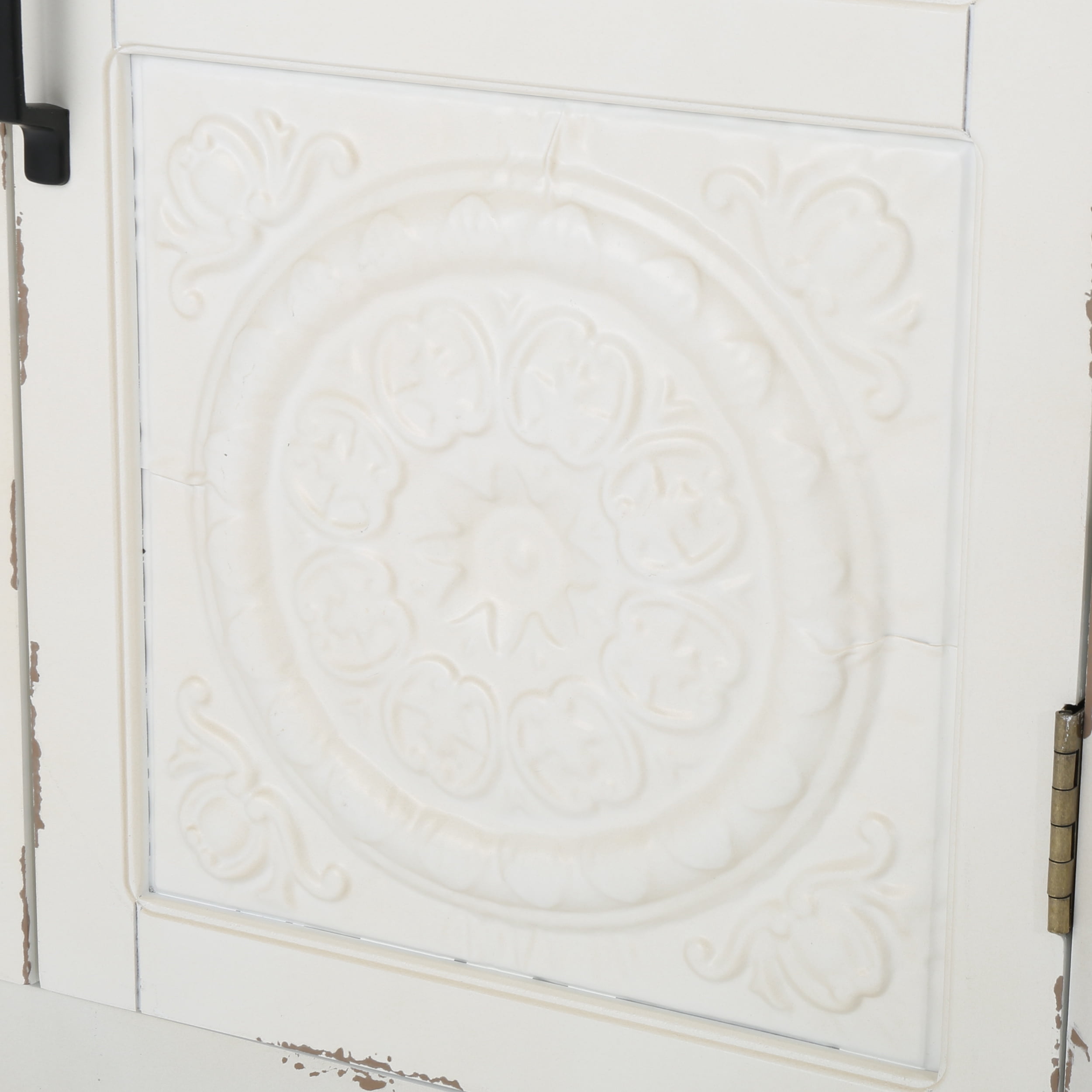 Noble House Leisha Farmhouse Firwood Distressed Cabinet with Carved Panels, White and Brown