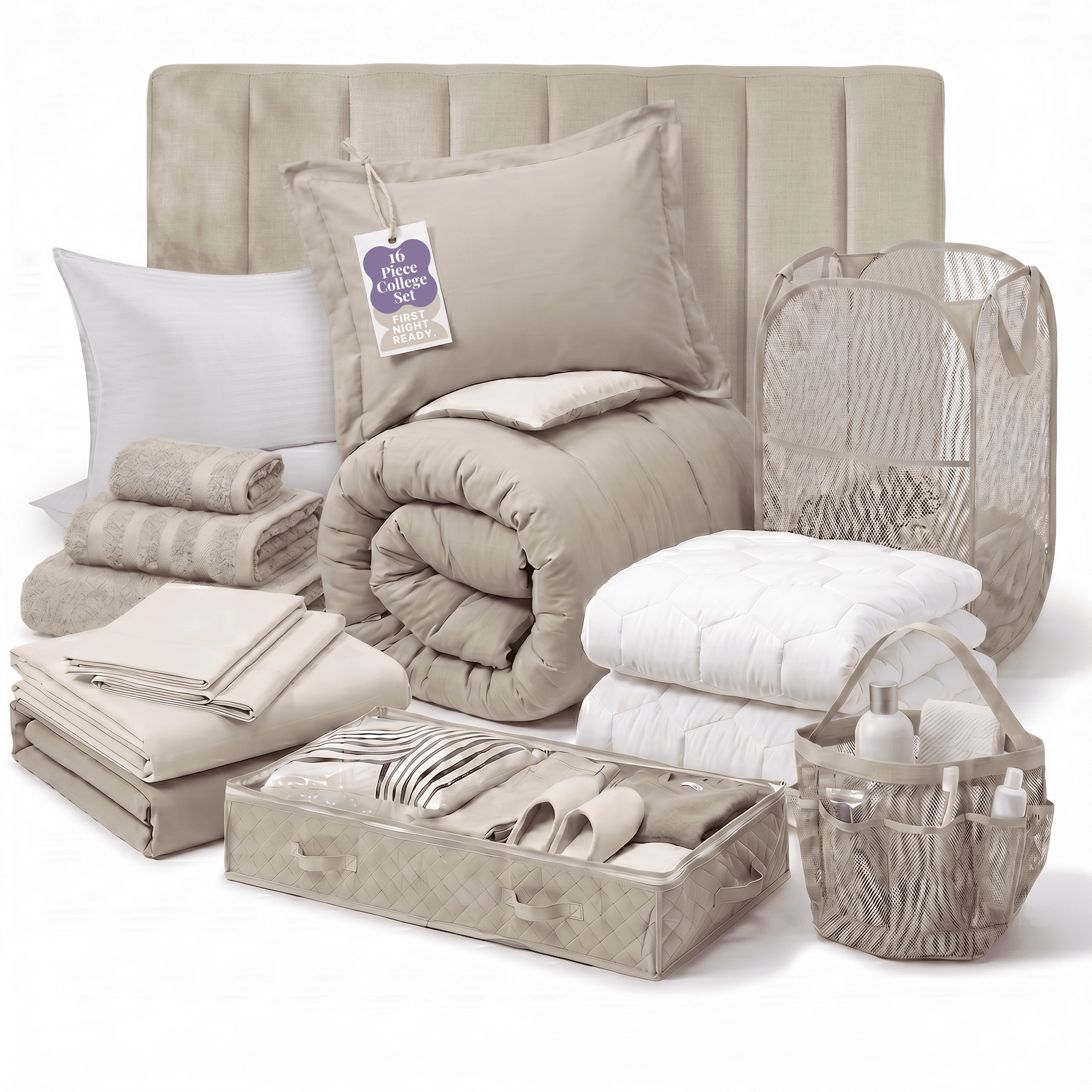 LammaLoe 16 Piece Complete Dorm Room Set, Twin XL Comforter Set, Includes Sheet Set, Mattress Protector, Pillows, Headboard, Towels & Organizers - All Dorm Accessories Included, Linen