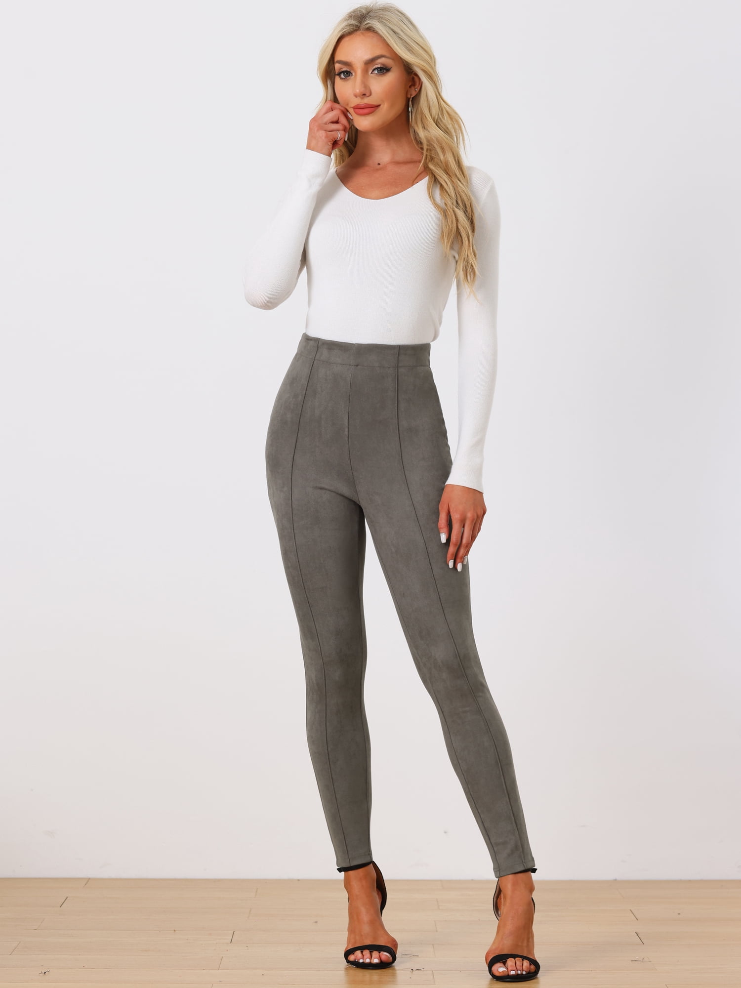 Unique Bargains Womens' Velvet Elastic Waist Side Zipper Narrow Leg Skinny Casual Pants L Dark Gray