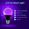 thumbnail image 2 of Black Light Bulbs,9 W LED Black Light Bulb for Halloween Decoration, UVA 385-400nm UV Black Light, A19 Blacklight Bulb for Glow in Dark, Body Paint Fluorescent Poster Glow Party, 2 Pack, 2 of 6