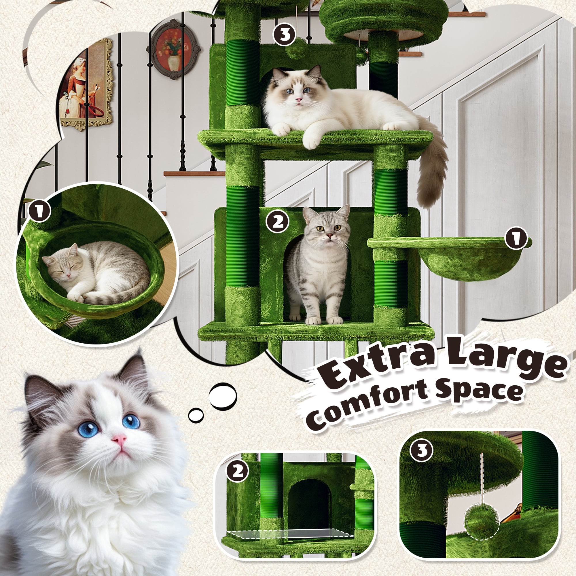 Large Cat Tree, Multi-Level Cat Tower with 2 Private Condos, 3 Perches, Hanging Hammock, Natural Sisal Scratching Posts, Stable Cat Furniture for Multi-Cat Families