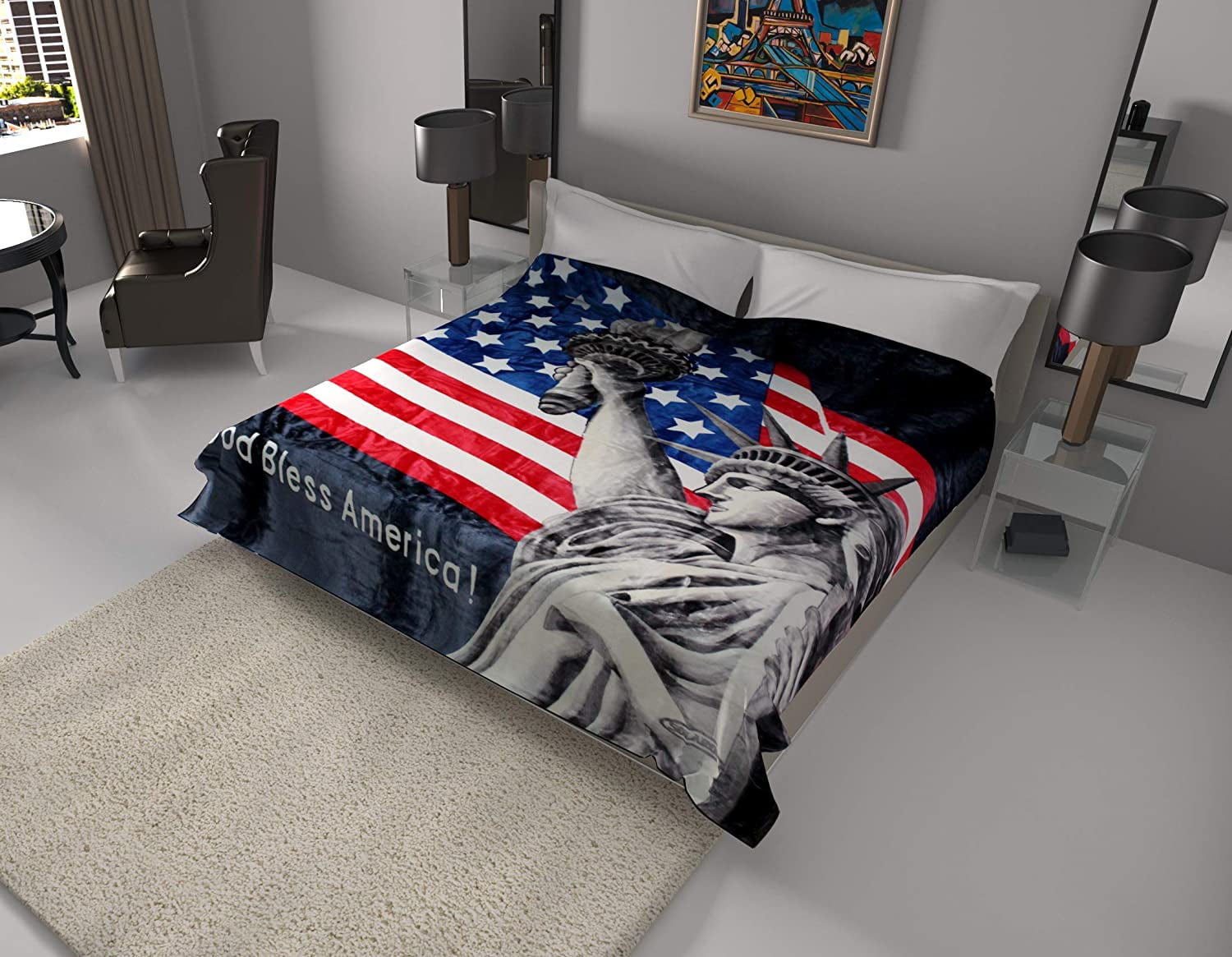 Solaron Korean Blanket throw Mink silky Queen size American Flag Stripes new 