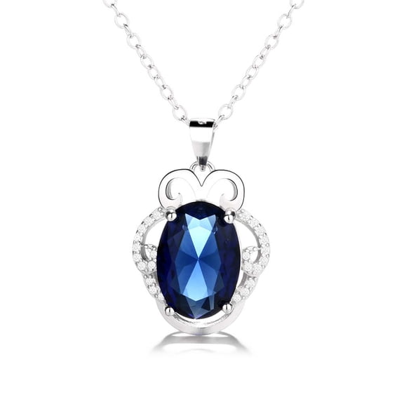 Amy and Annette 14K White Gold Plated Large Sapphire Royal Crown Pendant Necklace