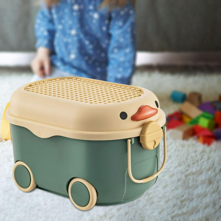Cartoon Duck Shape Toy Storage Box with Wheels Storage Bin Portable Baby Clothes Storage Case Multipurpose with Handles for Kids Bedroom Green Middle