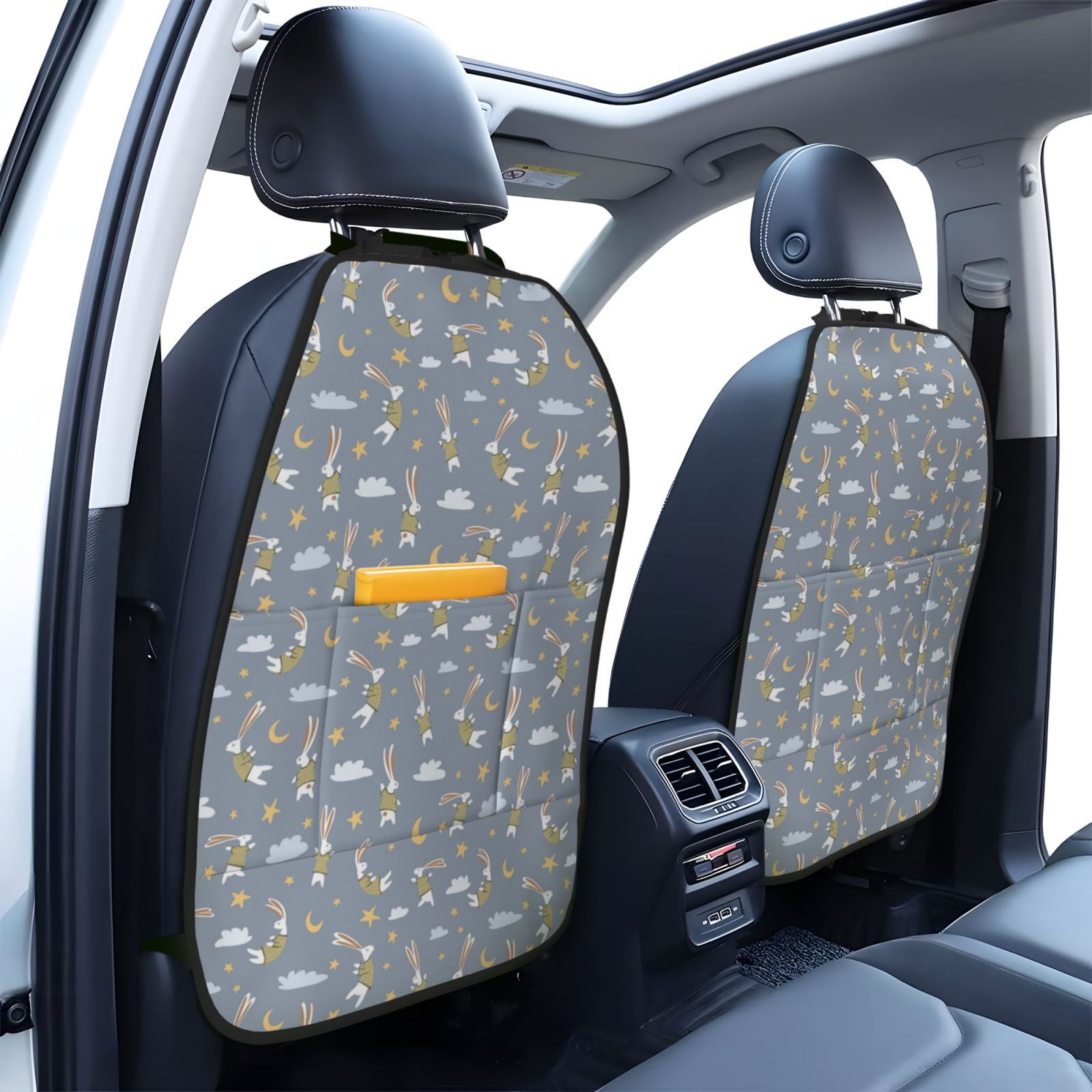 Xecao Sleep Rabbit Pattern Car Seat Back Protector 2 Pack Large Capacity Pocket, Kick Mats Back Seat Protector