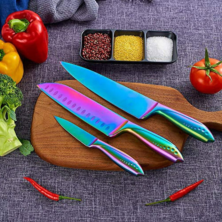 WELLSTAR Rainbow Knife Set 14 Pieces, Iridescent German Stainless Steel  Kitchen Knives Set with Wooden Block, Colorful Titanium Coating, Chef's  Knife