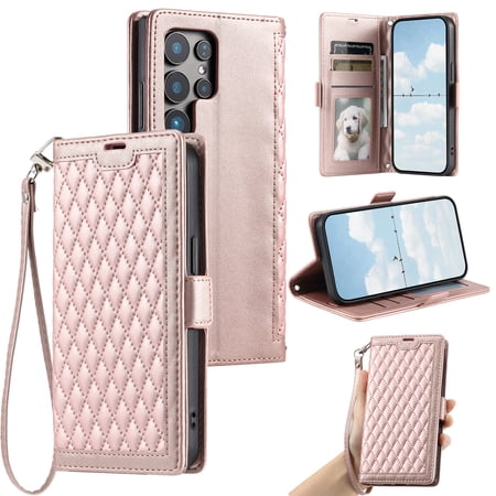 For Samsung Galaxy S26 Ultra Wallet Case,Crossbody Strap Diamond Patterned PU Leather Flip Cover with RFID Blcoking Card Slots Cash Pocket Wrist Strap Kickstand Phone Case for Women Girls,Rosegold