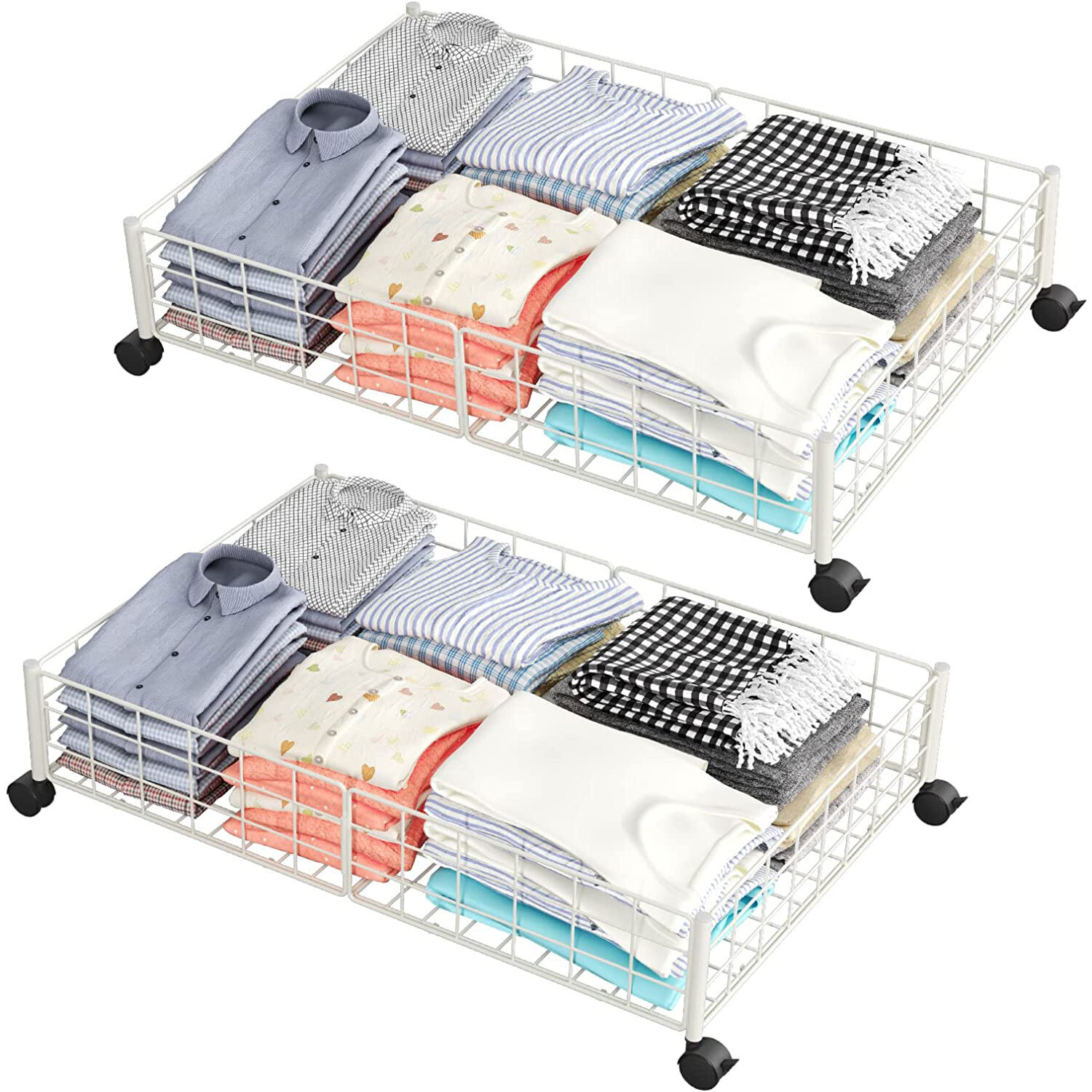 HOSSLLY 2 Pack Metal Under Bed Storage Containers with Wheels,White