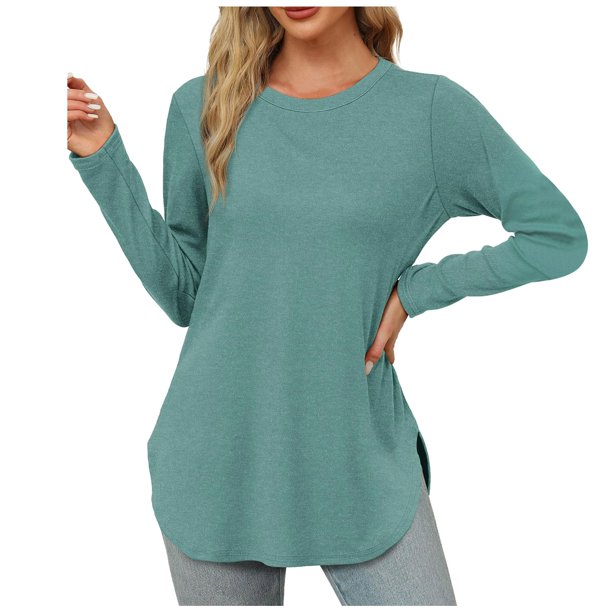 Túnica de manga larga con cuello redondo y abertura lateral para mujer - Camisa básica informal de corte holgado