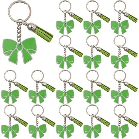 18Pcs Keychain Green Bowknot Keychain Glitter Cheer Charm Keyring with Tassel Cute Acrylic Cheerleading Keyrings for Party Favors Purse Car Keys Decor