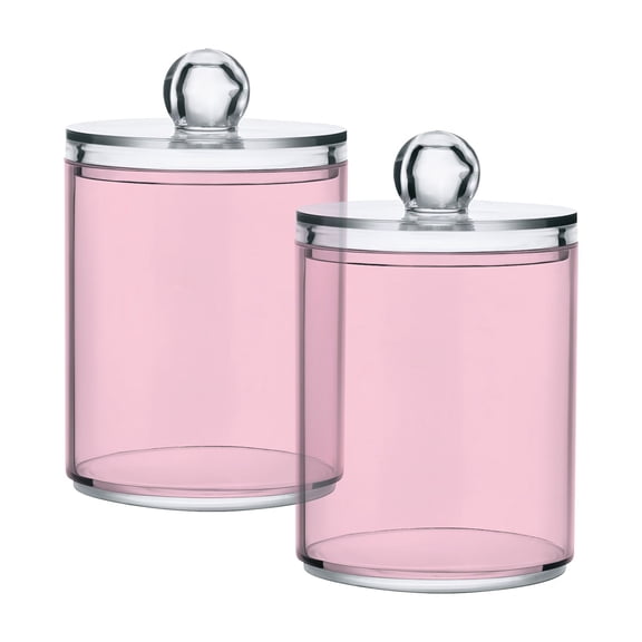 2 Pack Soft Pink Qtip Holder Dispenser Clear Plastic Storage Apothecary Jars for Cotton Swabs Balls Pads Floss