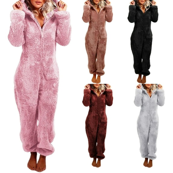 Jumpsuits Pajamas Solid Color Keep Warm Plush Winter Long Sleeve Jumpsuits Pajamas for Women