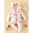 thumbnail image 3 of Caoirhny Baby Girls Jumpsuit, Long Sleeve Hooded Heart/Cow Pattern Bow Zipped Casual Romper Clothes, 3 of 9