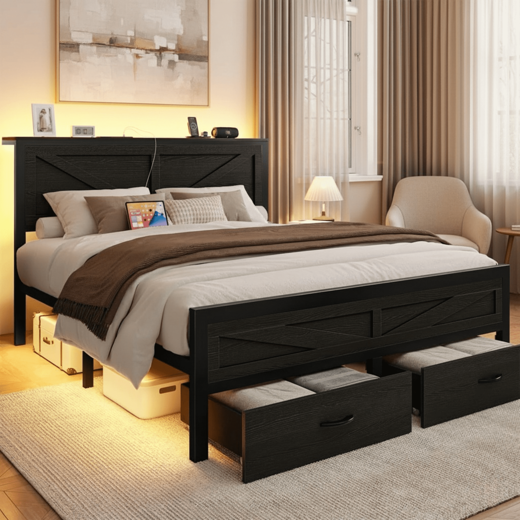 Queen Size Bed Frame with Storage Drawers & Barn Door Headboard, Industrial Farmhouse Platform Bed with LED Lights & Charging Station, No Box Spring Needed (Black)