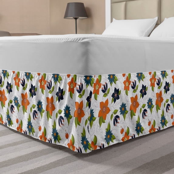 Floral Bed Skirt, Romantic Pattern with Cartoon Abstract Flowers Leaves on Pastel Twig Branches, Elastic Bedskirt Dust Ruffle Wrap Around for Bedding Decor, 4 Sizes, Multicolor, by Ambesonne