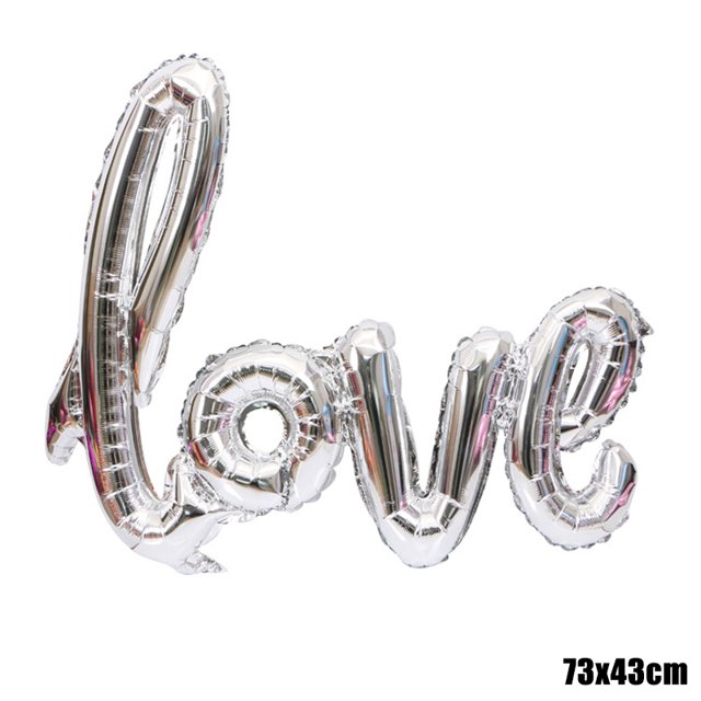 globo de aluminio con forma de corazón para pared, globos con letras de amor para bodas, fiestas, feliz día de san valentín, suministros de decoración del hogar Conjunto de letras inflables en papel de aluminio color plata que forman la palabra love en estilo script, vista frontal horizontal sobre fondo blanco; costuras visibles, tamaño aproximado 73x43 cm, adecuado para decoración de boda, aniversario o San Valentín.
