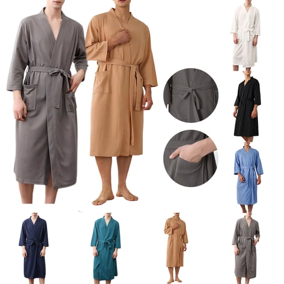 qolati Mens Robes Lightweight Waffle Knit Bathrobe Long Sleeve V Neck Nightgown Soft Knee Length Loose Loungewear House Coat with Pockets M-3XL