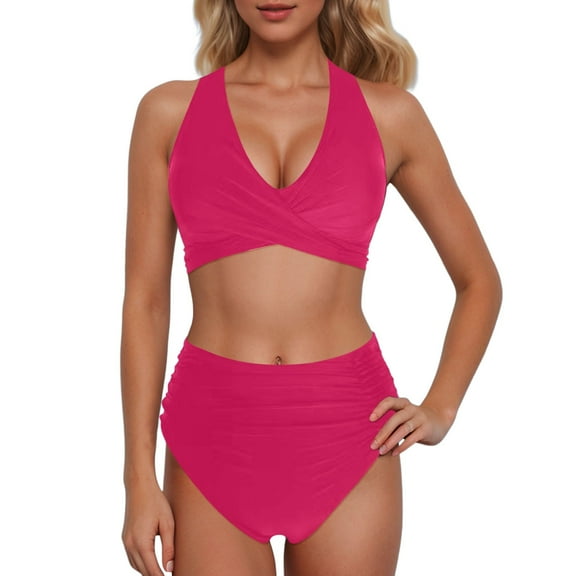 MIXUE Swim Suits for Women Solid Color High Waisted Sexy Push Up Vintage Two Piece Retro Ruched High Waist Bikini Sets for Women Set Swimwears Holiday Wear,Red,S