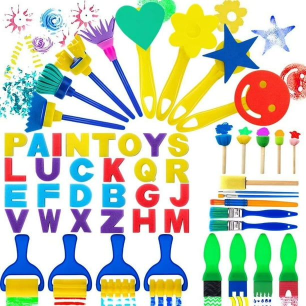 Esponjas de pintura para niños, aprendizaje temprano, arte y manualidades para niños, 53 piezas de pintura para niños, kits de aprendizaje temprano de bricolaje que incluyen pinceles de espuma, pincel de esponja para manualidades JM