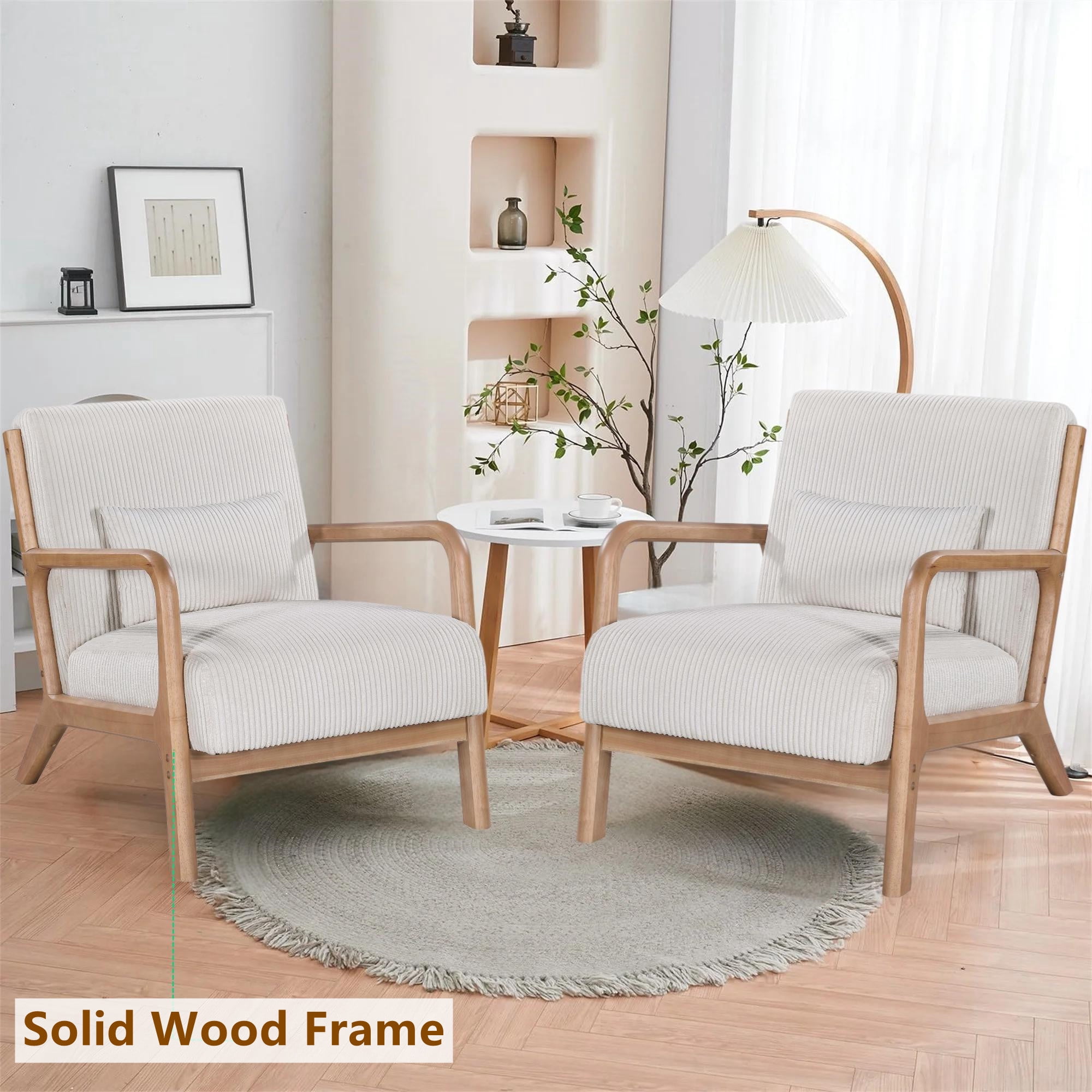 Aukfa Corduroy Mid Century Modern Accent Chair w/ Wood Frame&Pillow for Living Room, Beige