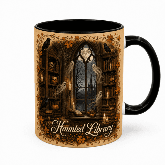 Haunted Library Mug Halloween Ghost Book Lover Coffee Cup for Fall Reading and Spooky Gifts